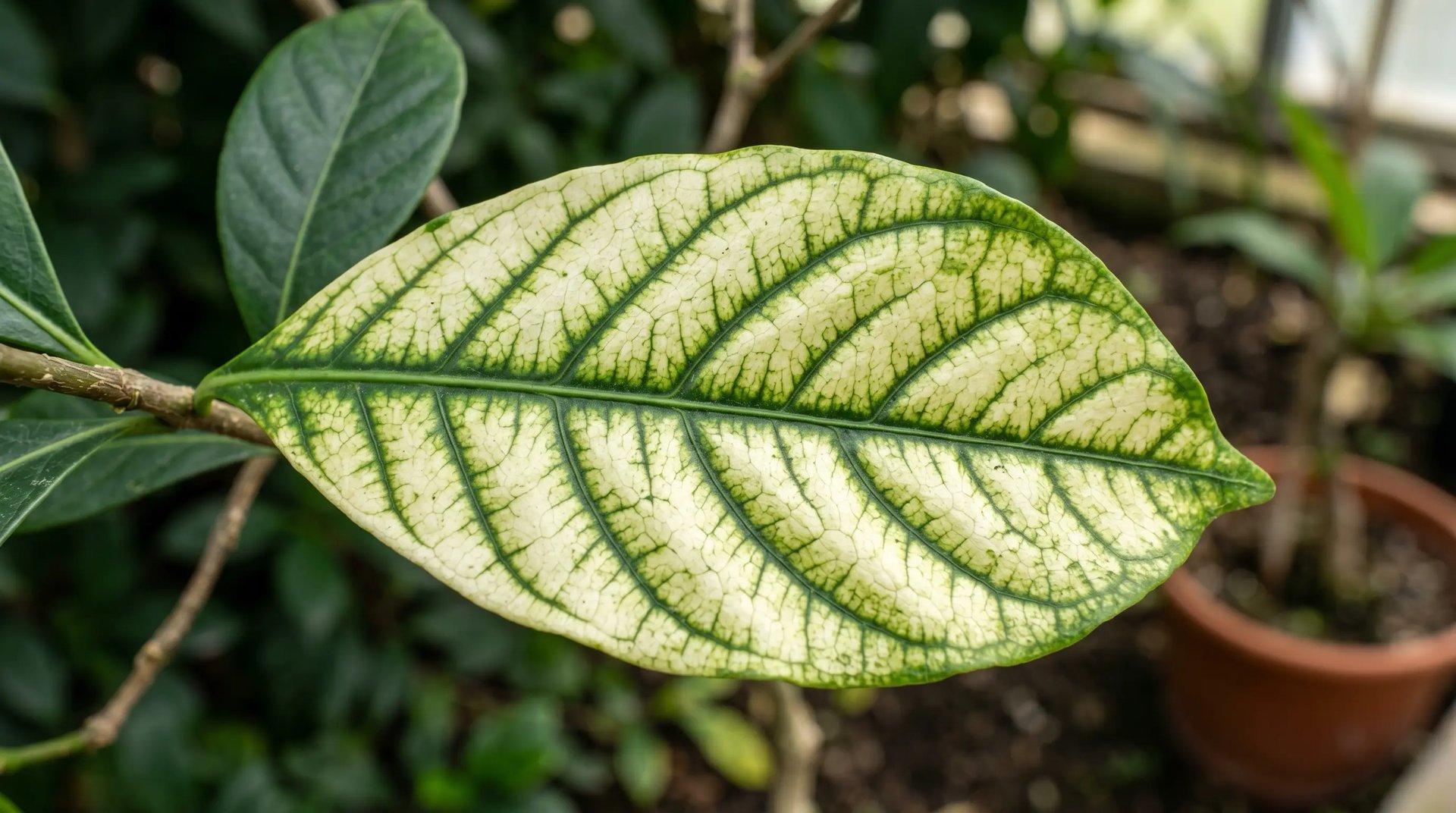 Hoja de planta pálida con venas verdes oscuras, síntoma de clorosis por falta de hierro o magnesio.