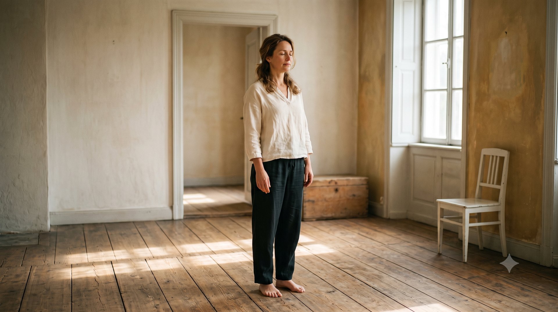 Femme sereine debout dans la lumière dorée — silence radio flamme jumelle et présence intérieure