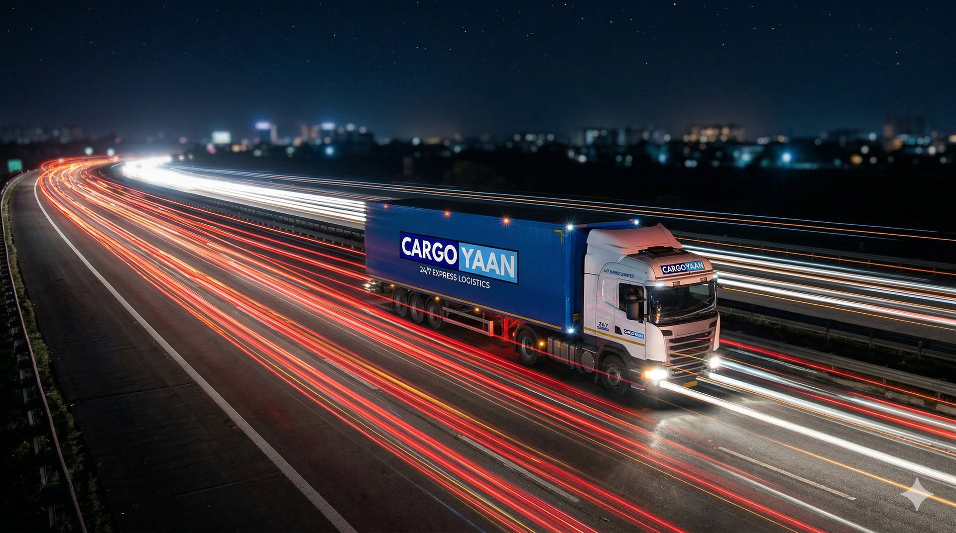 A long-exposure night shot of a CARGOYAAN truck on the move, with light trails symbolizing 24/7 spee