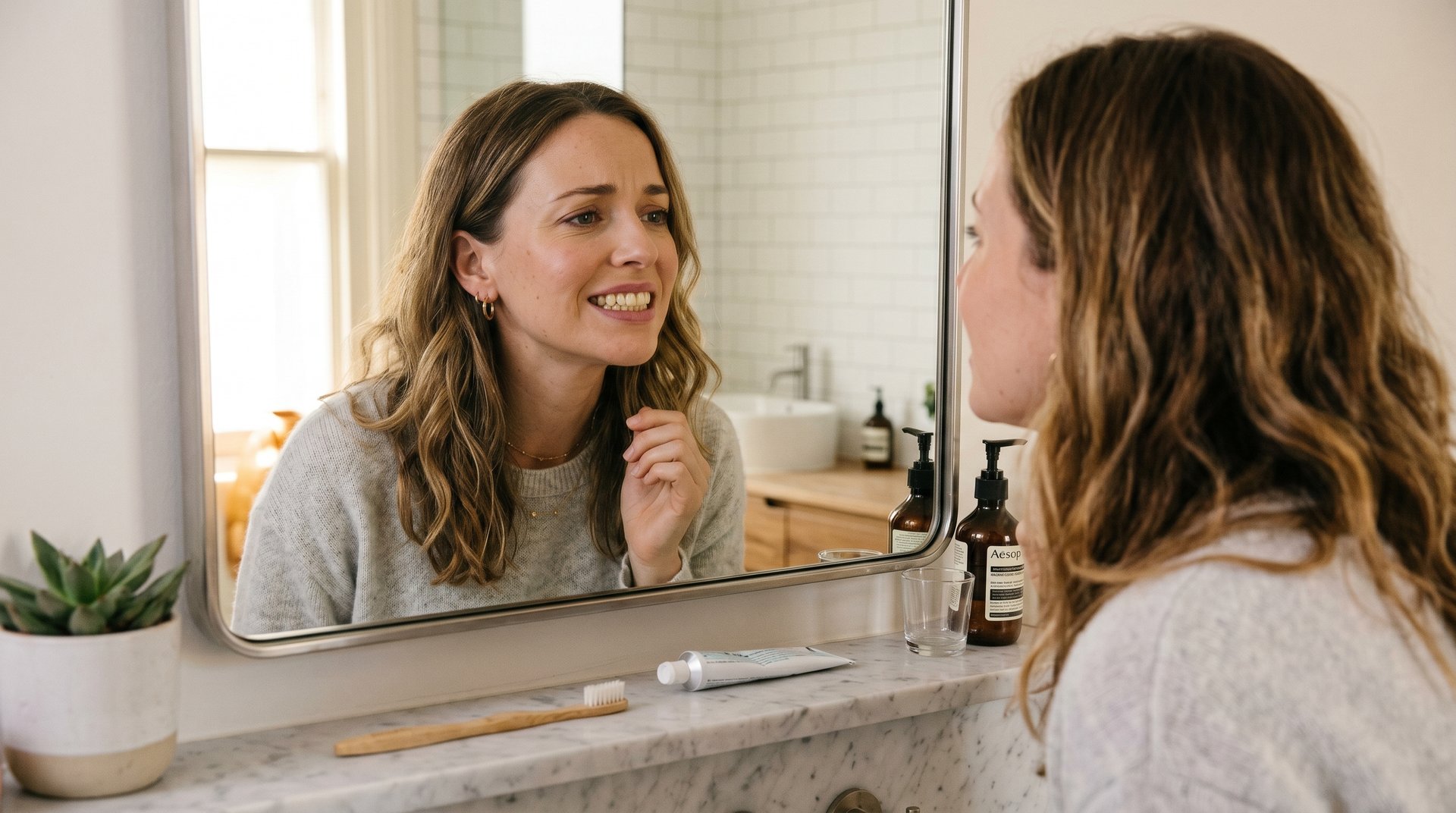 A woman checking her teeth in a bathroom mirror during her morning oral care routine.