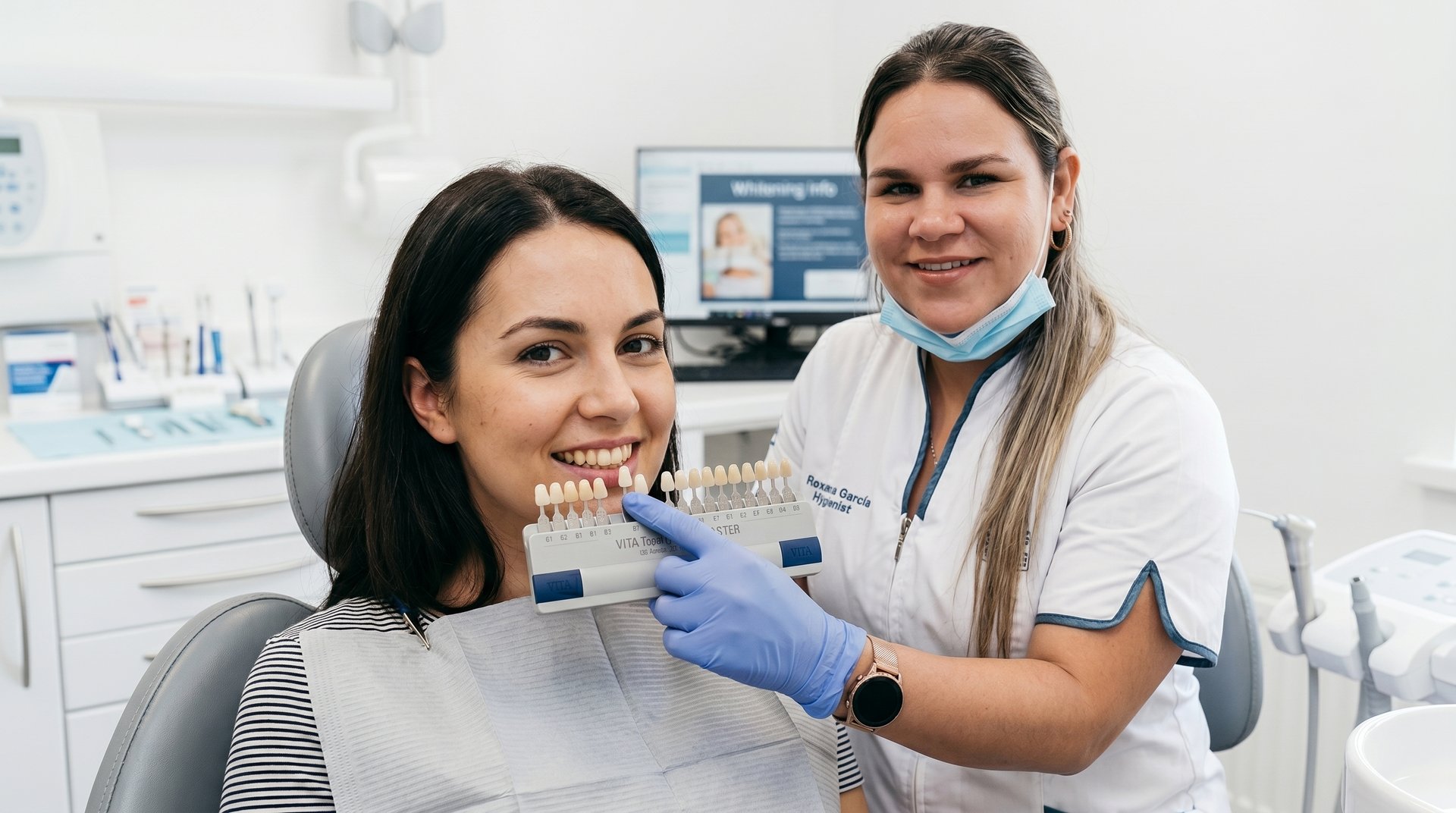 A dental professional uses a tooth shade guide to match a patient's smile for teeth whitening.