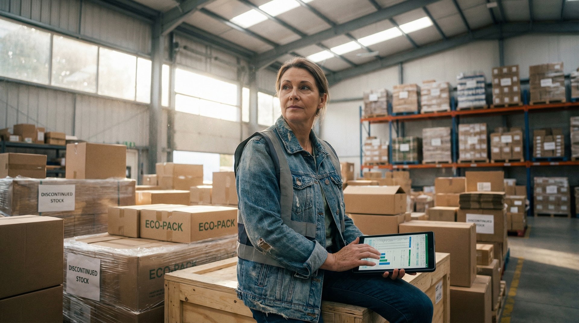 Female warehouse manager using a digital tablet for inventory management of eco-friendly stock boxes.
