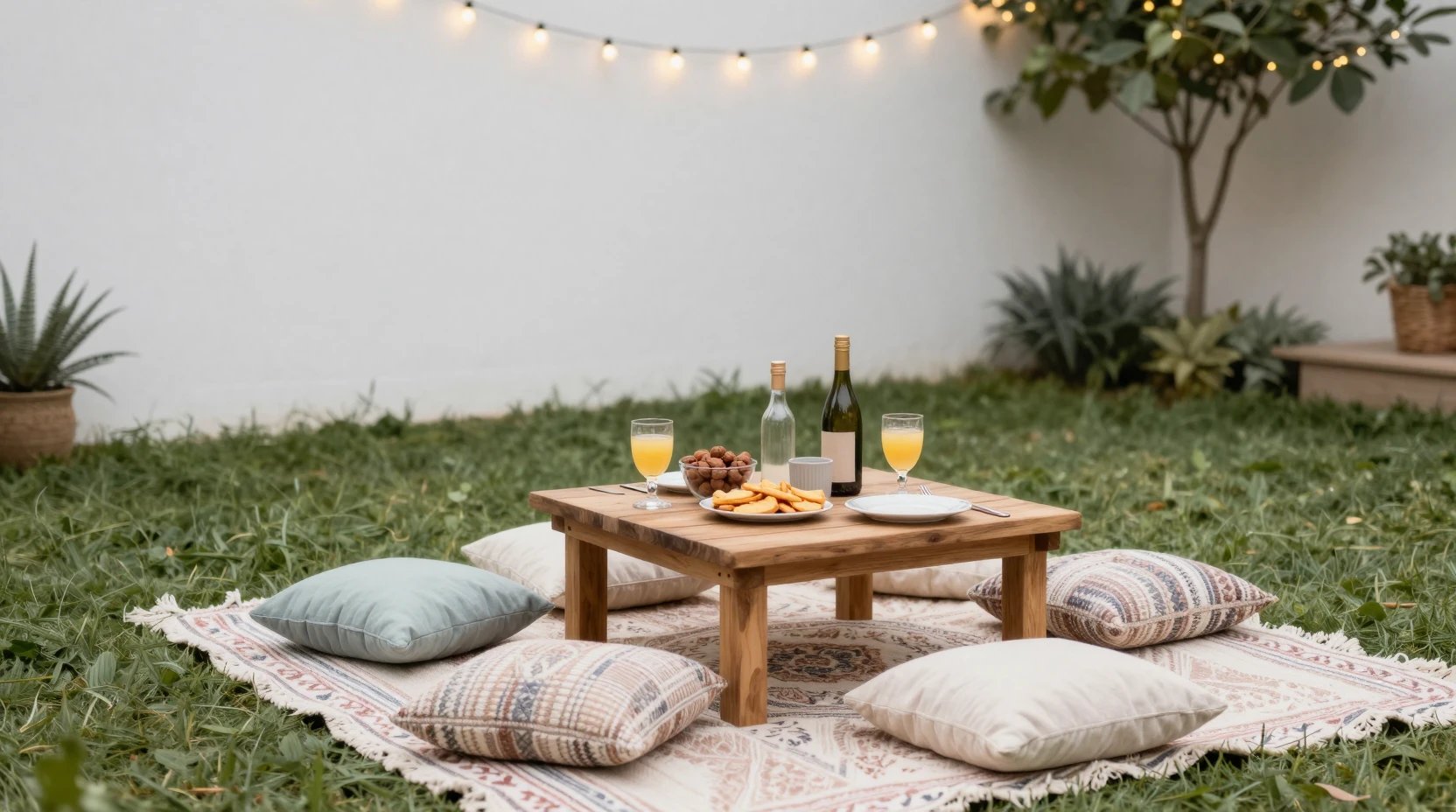 Aesthetic outdoor garden party setup with boho picnic style seating, layered rugs and cushions