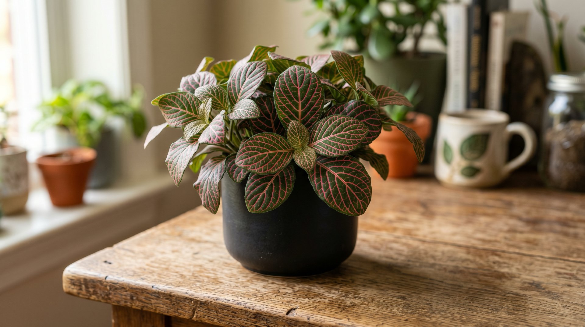 Planta Fitonia o Planta Mosaico con hojas verdes y nervaduras de color rosa brillante