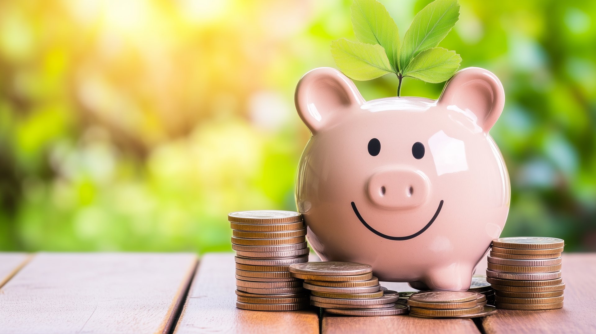 happy piggy bank with coins by it and a leaf sprouting on it for growth and wealth