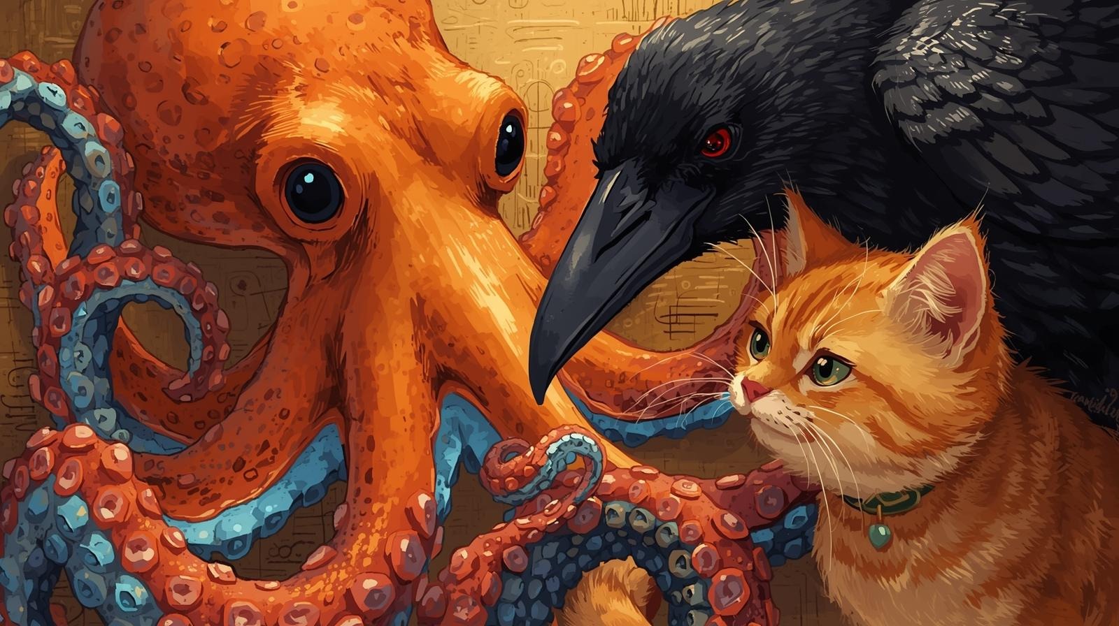 an octopus helping a crow and a cat study