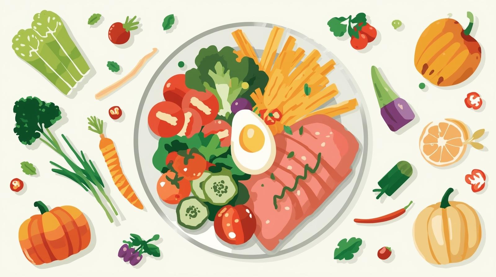 Balanced meal plate showing high-lysine foods, vegetables, protein, and greens for HSV outbreak prev
