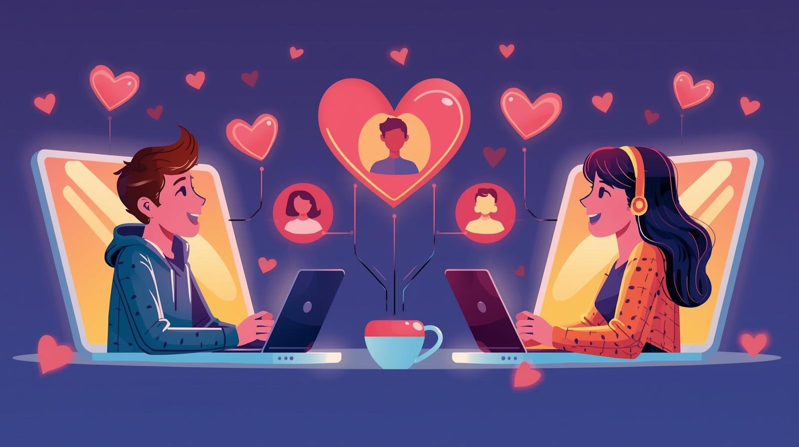 Couple connecting through dating apps with hearts