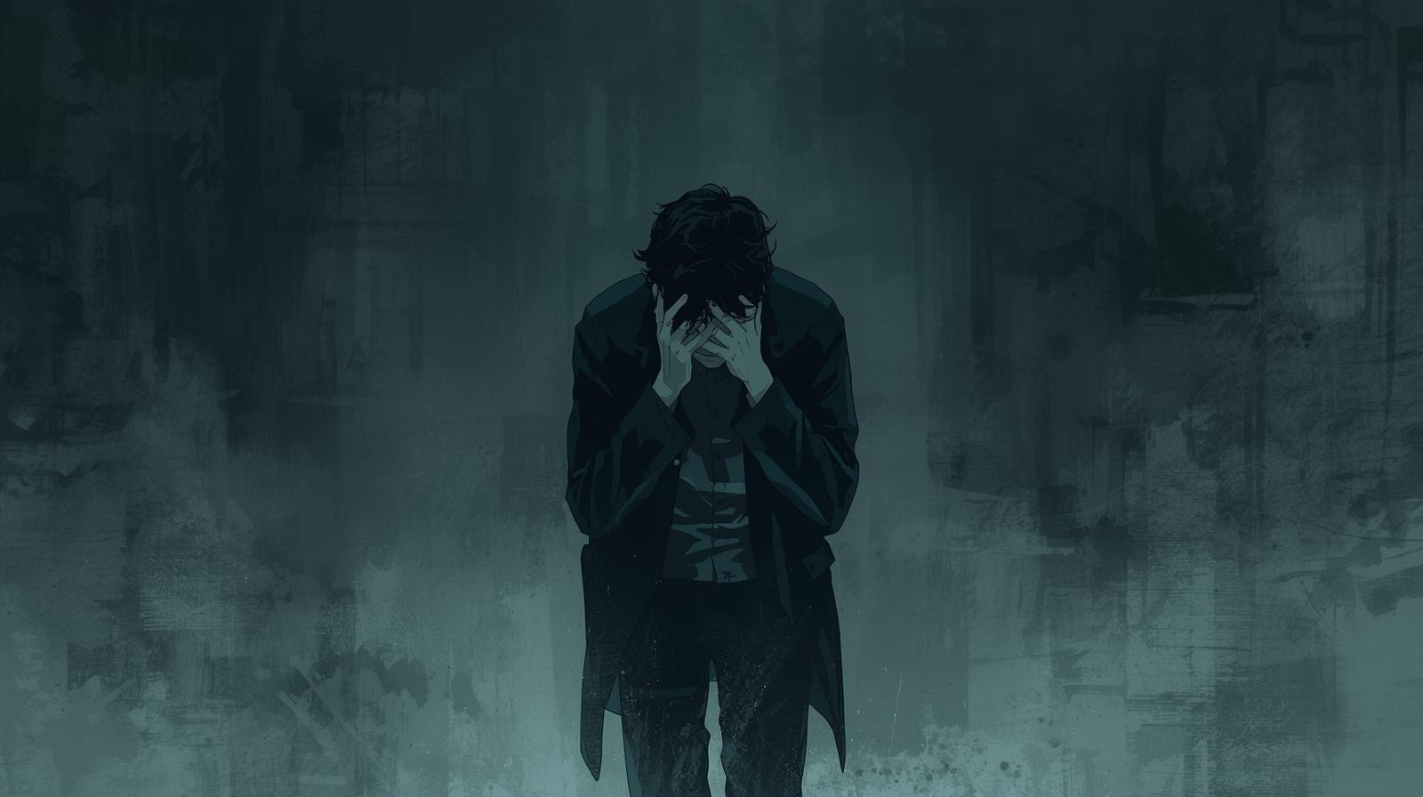Man in dark coat showing emotional processing and grief following HSV diagnosis with hands covering face