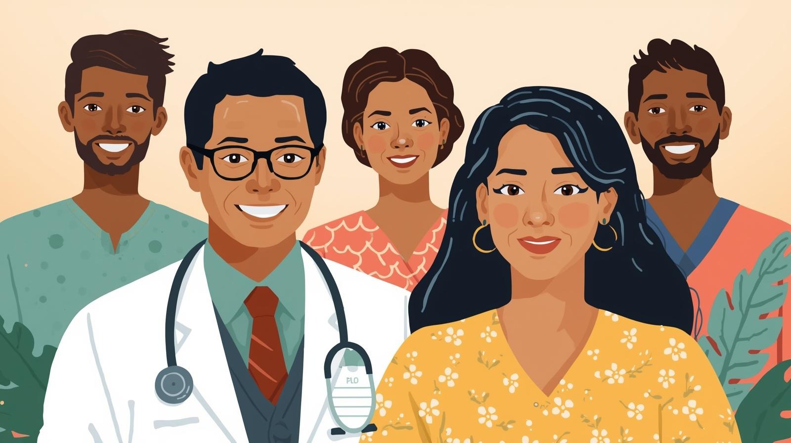 Diverse healthcare team including doctor, therapist, and community for HSV support