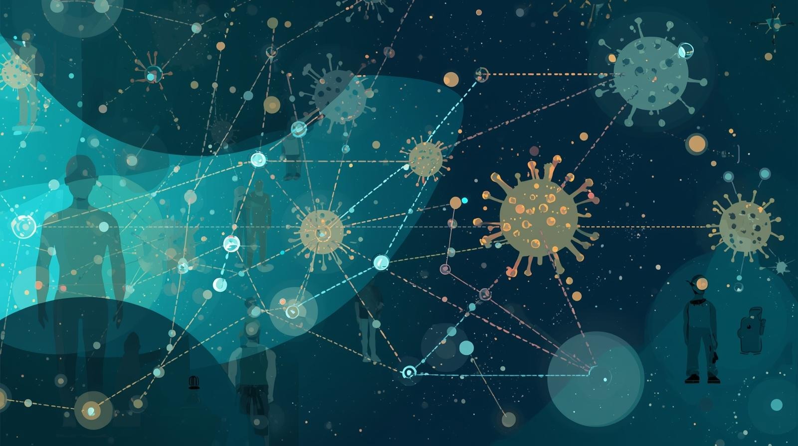 Virus particles showing transmission pathways and infection networks