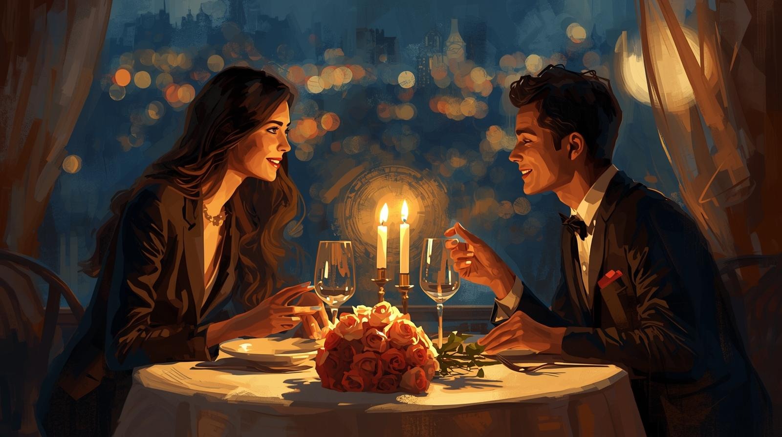 a man and woman sitting at a table with candles