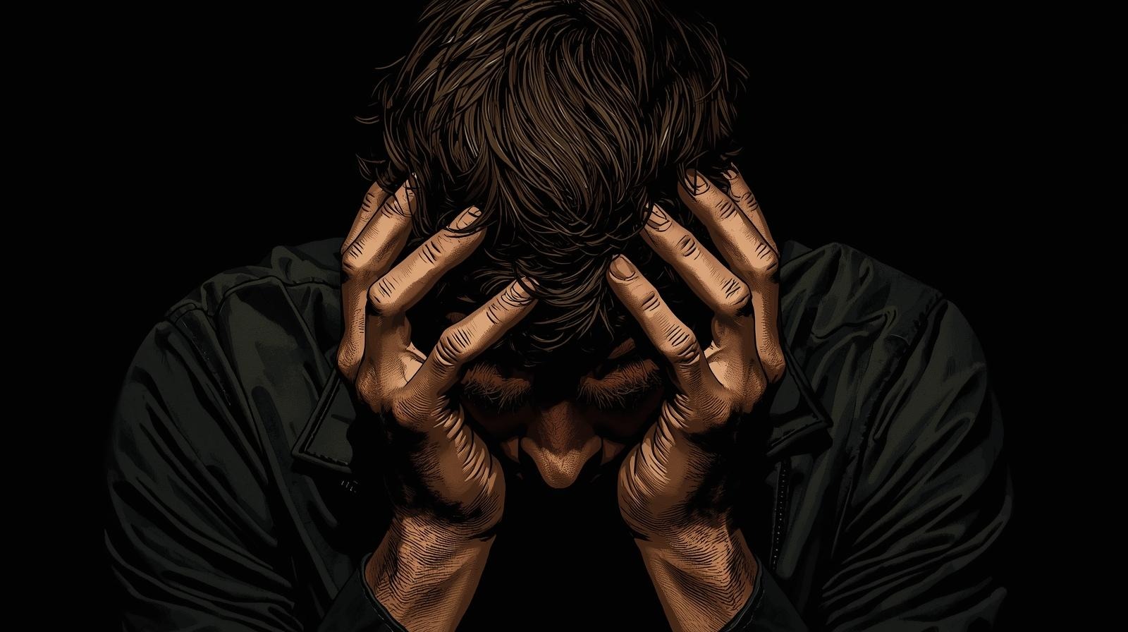 Man with head in hands emotional burden of HSV: psychology of shame, guilt vs identity, shame