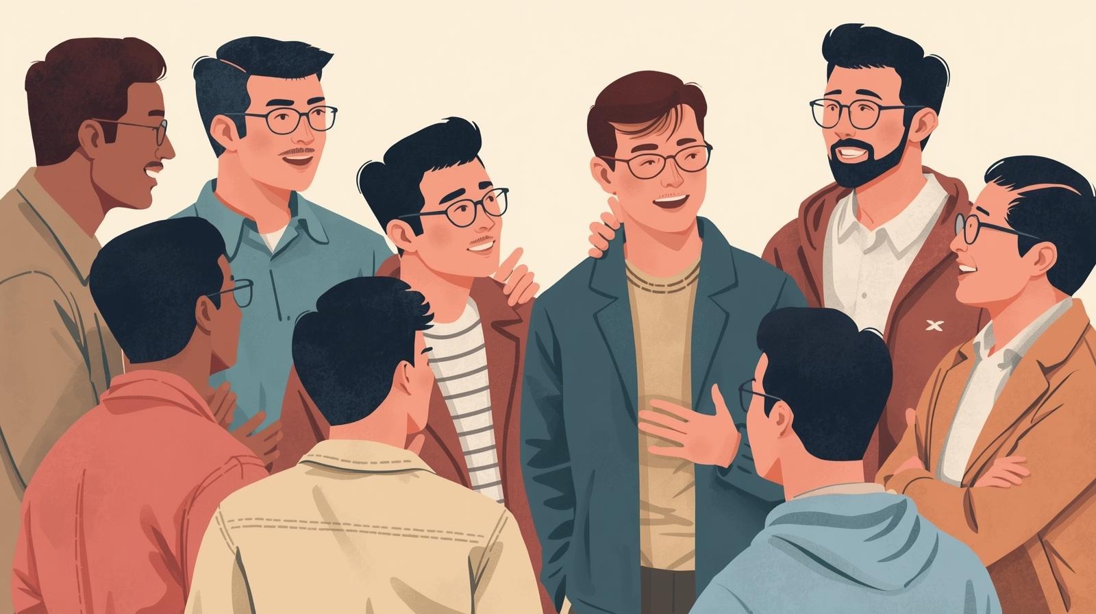 Group of men together showing support: community reducing outbreaks by 35%, improving mental health