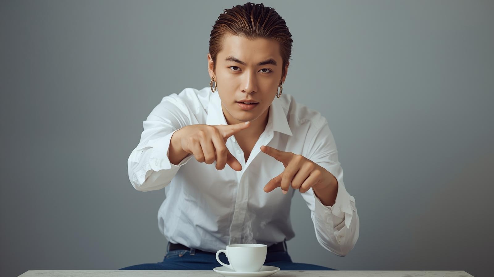 asian japanese man pointing fingers to describe a screen on mobile phone landscape