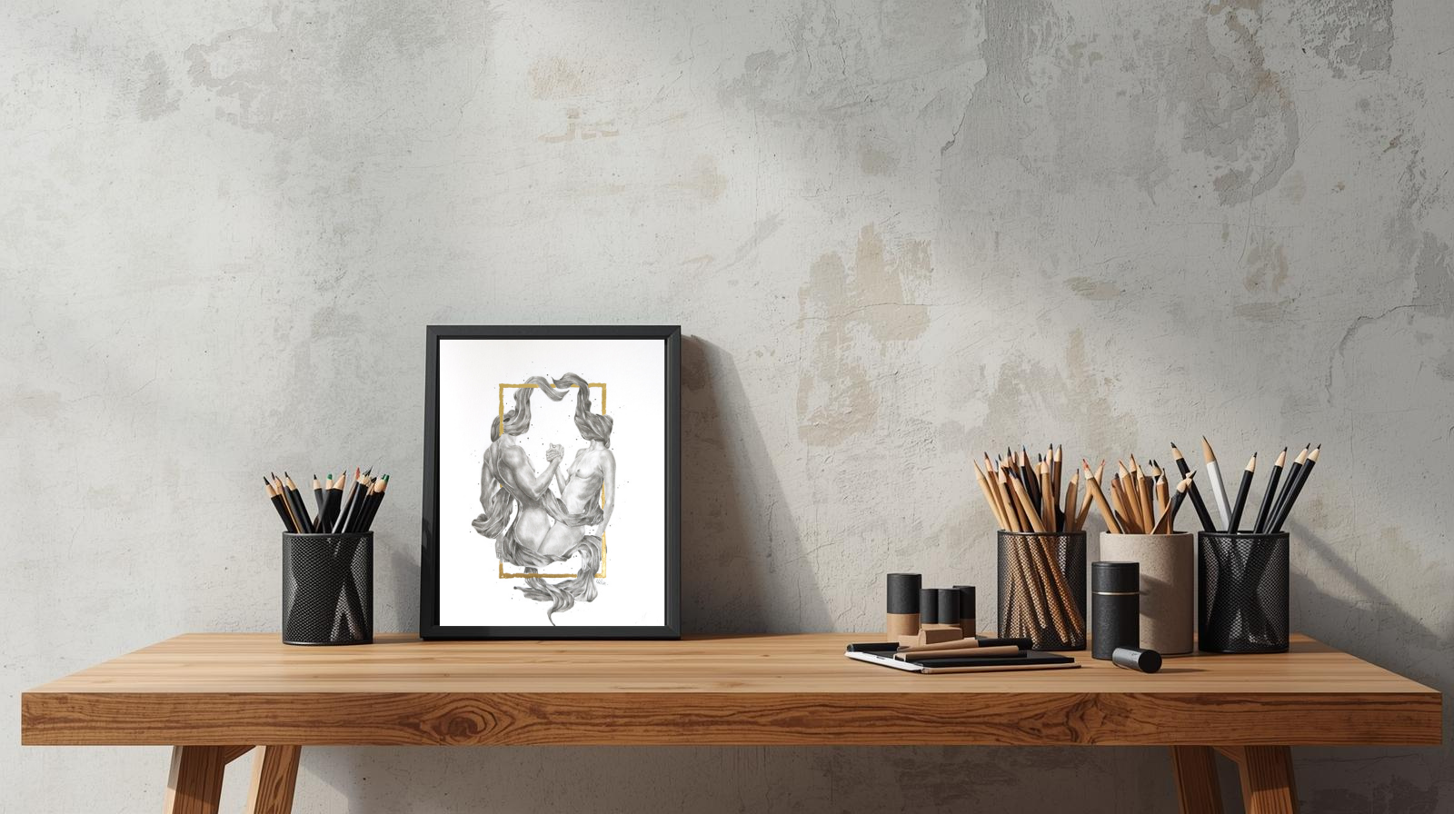 mise en scène d'un print A4 encadré et posé sur une table à dessin