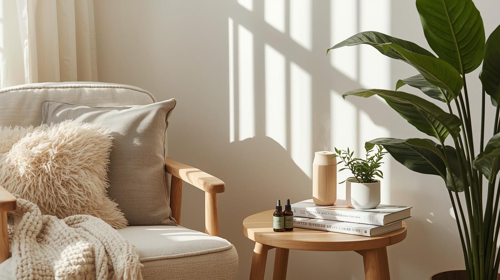 Small cozy wellness space with candles, plants, books, and a comfy chair.