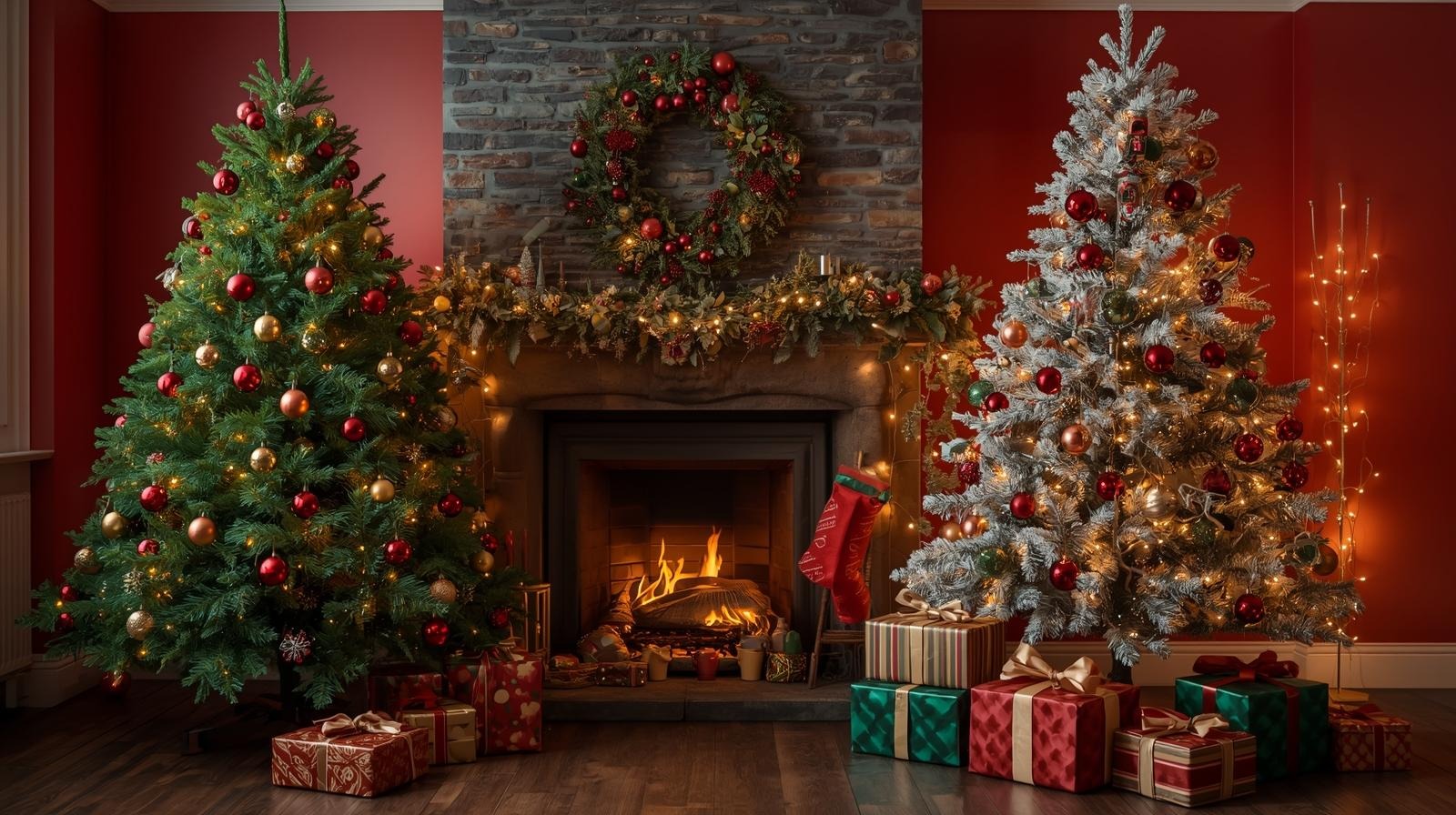 Lush Fraser and flocked Christmas trees glowing with red, gold, and green ornaments.
