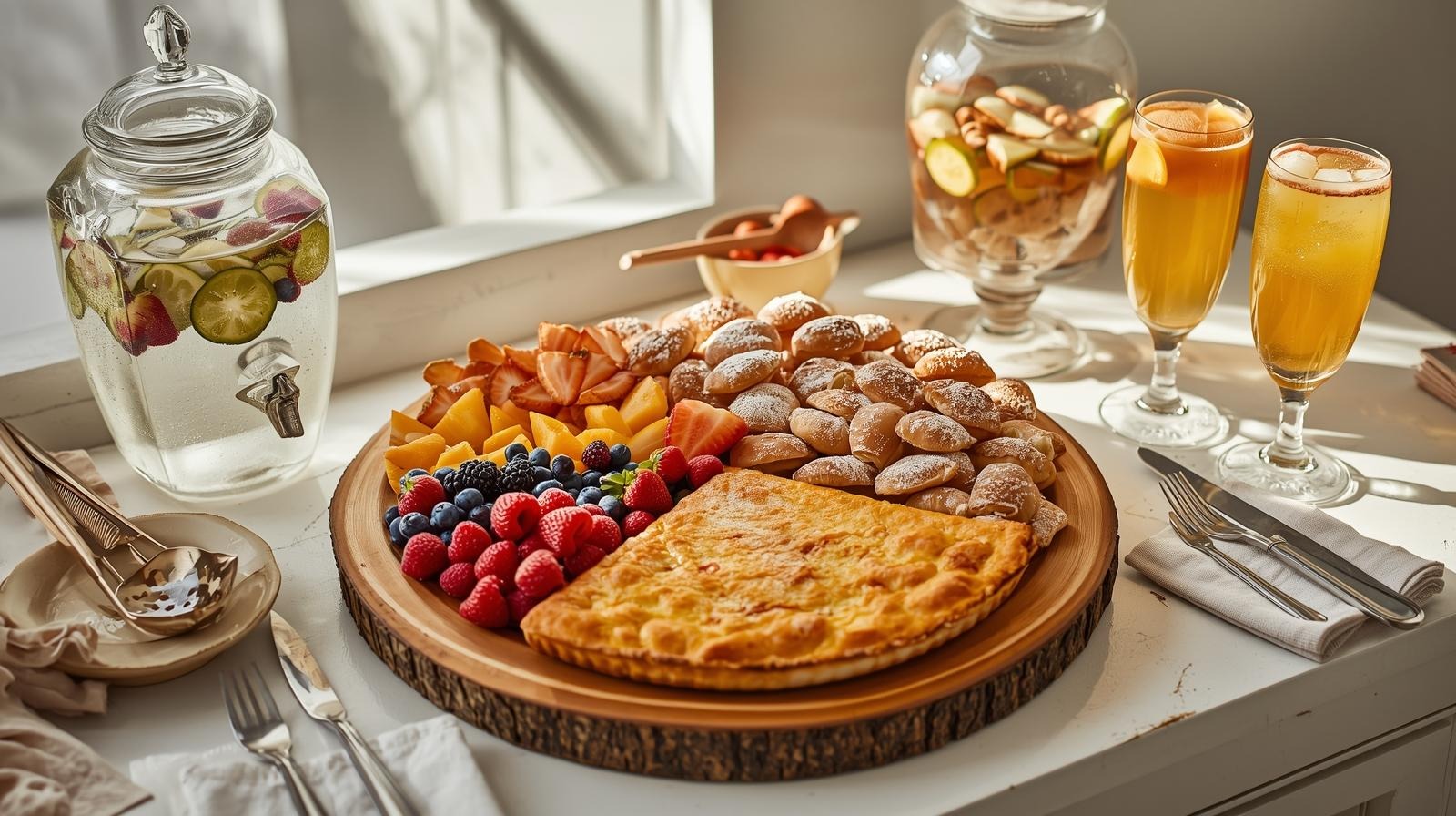 Valentine’s brunch serving area with platters of food, glass drink dispensers, and warm, inviting ta
