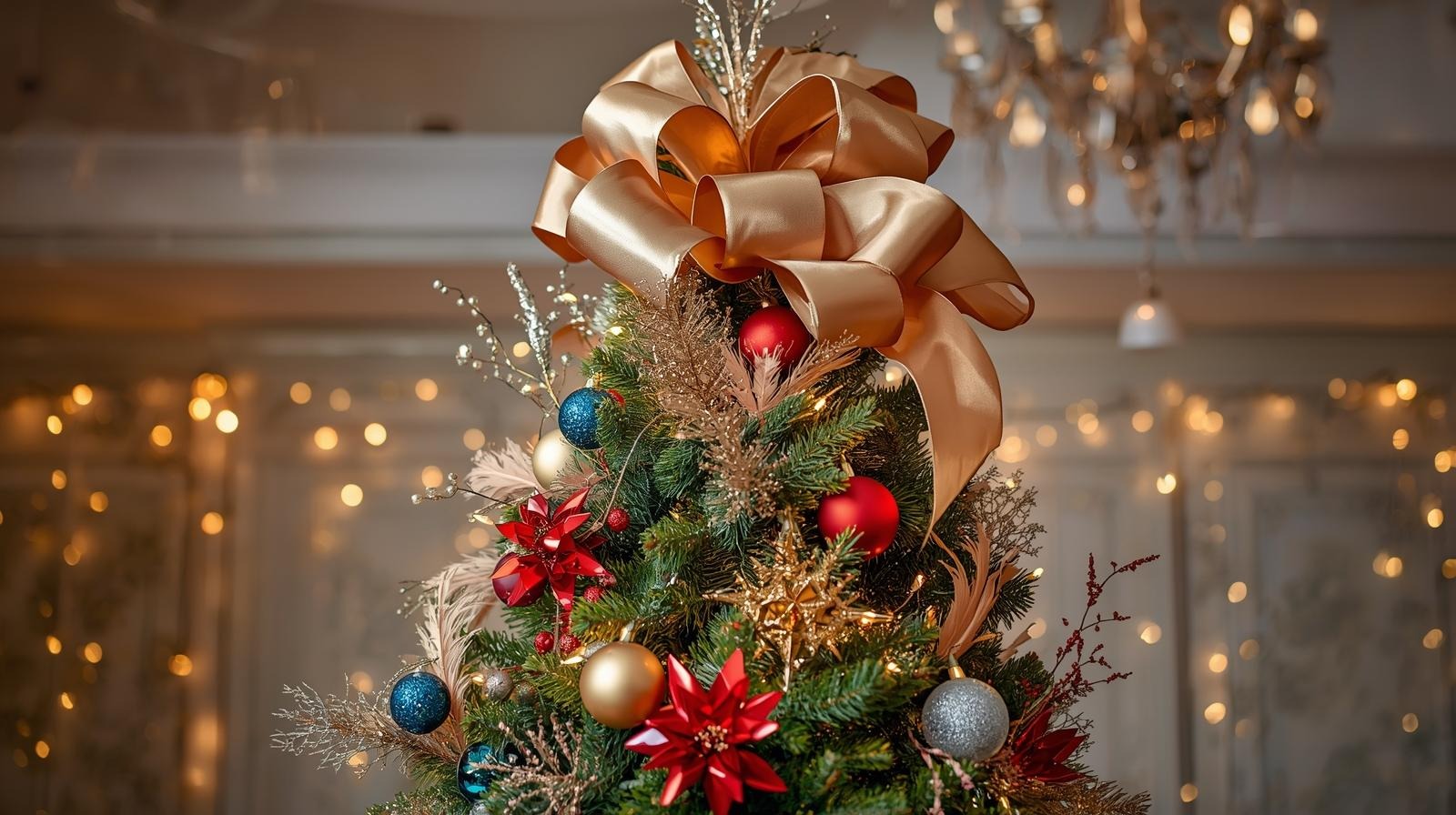 Christmas tree topper with champagne bow, metallic stems, glowing golden lights, and colorful pieces