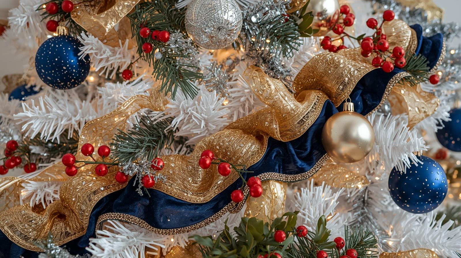 Christmas tree with velvet and satin ribbons in gold, blue and gold draped among ornaments.