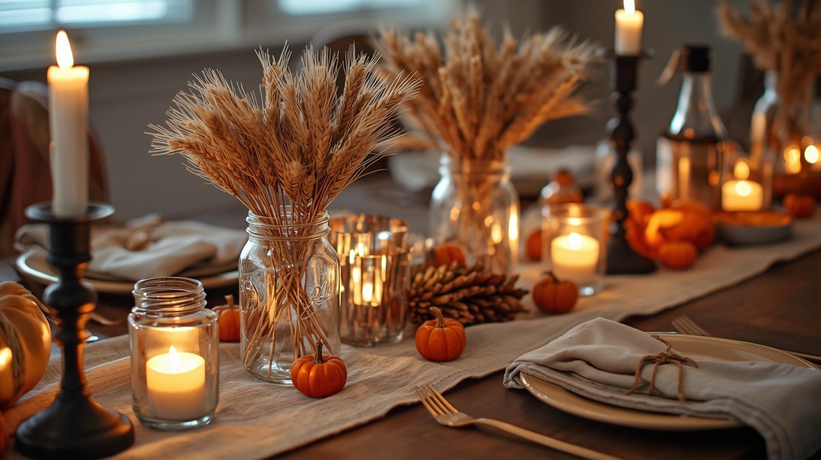 DIY dining table with mason jars of wheat, tiny pumpkins, candles, and matte black candlesticks
