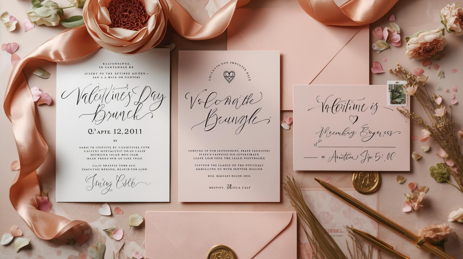 Flat lay of handwritten Valentine’s brunch invitations with pink envelopes, ribbon, and dried flower