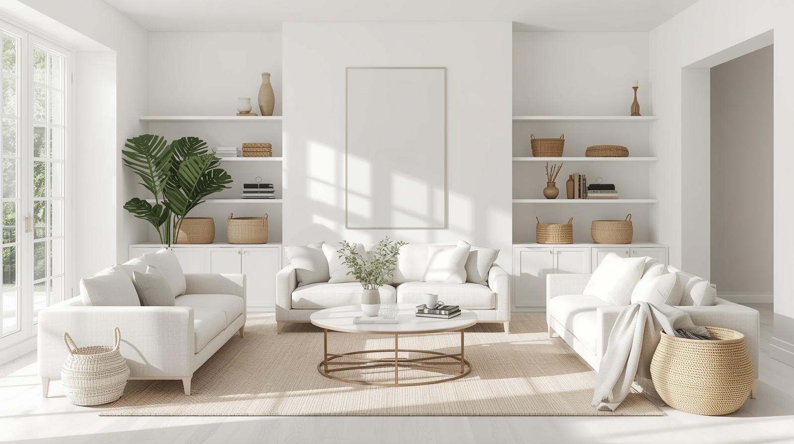 Bright minimalist living room with clean shelves and cozy neutral décor.