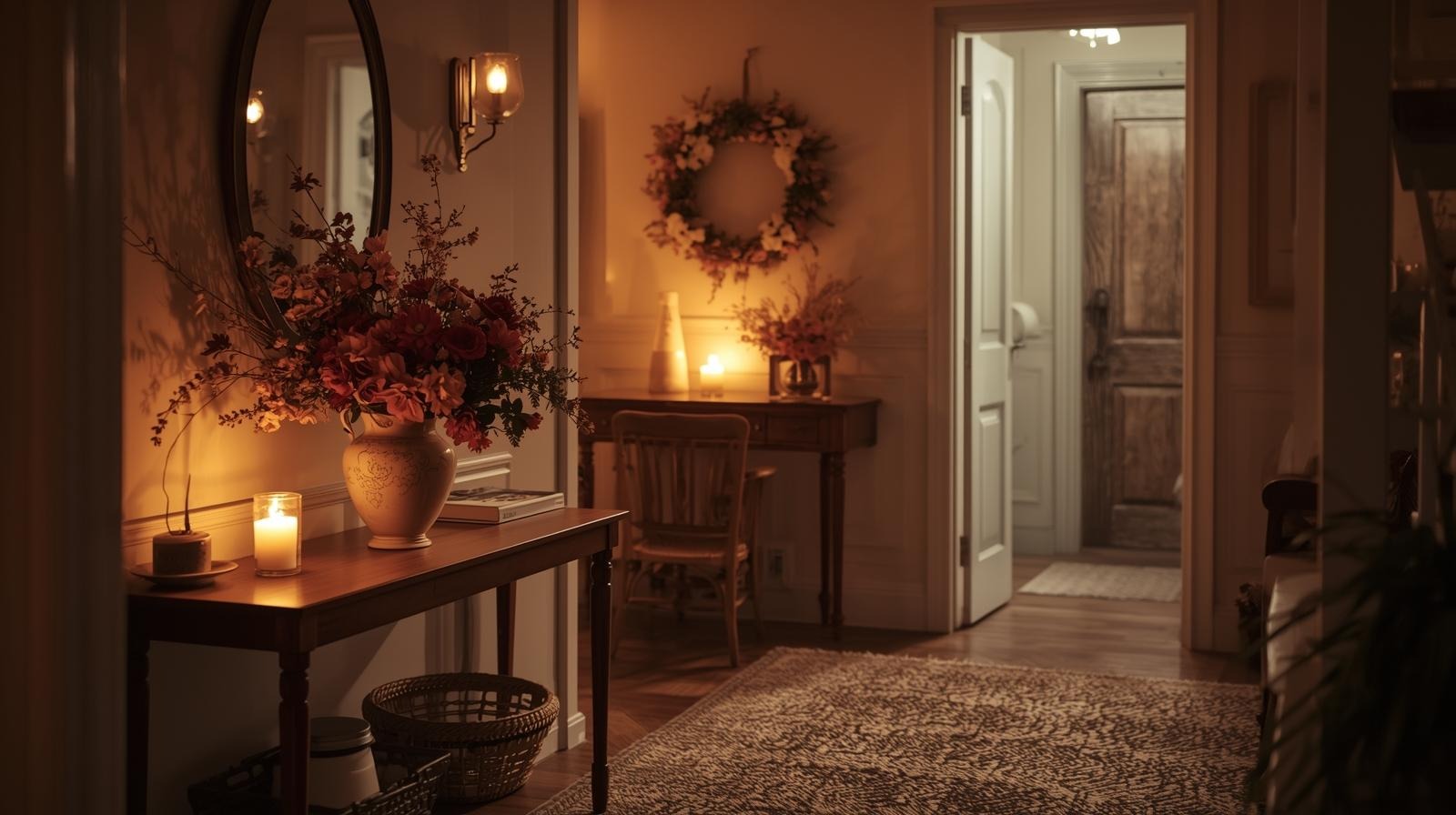 Valentine’s entryway with flowers, candle, and heart-shaped wreath.