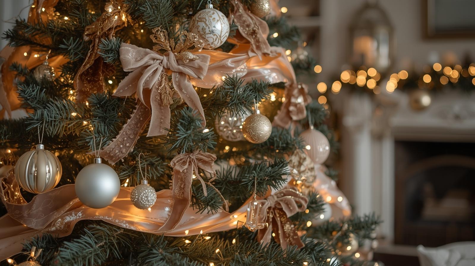 Christmas tree with heirloom ornaments, velvet ribbons, and warm lights.