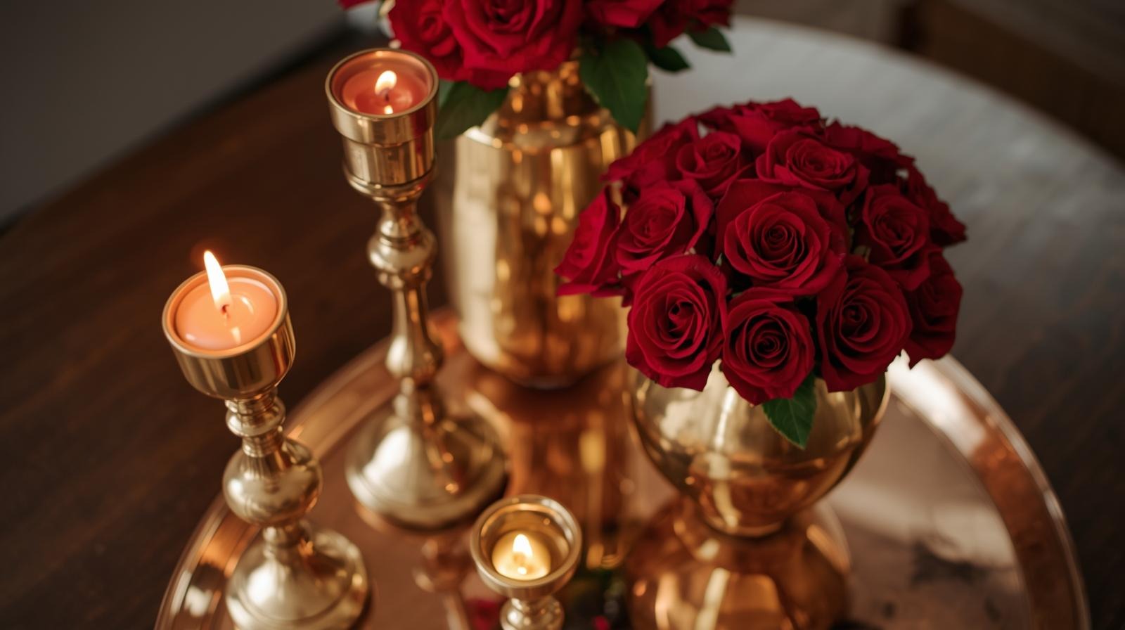Gold candle holders and copper accents add Valentine’s sparkle to décor.