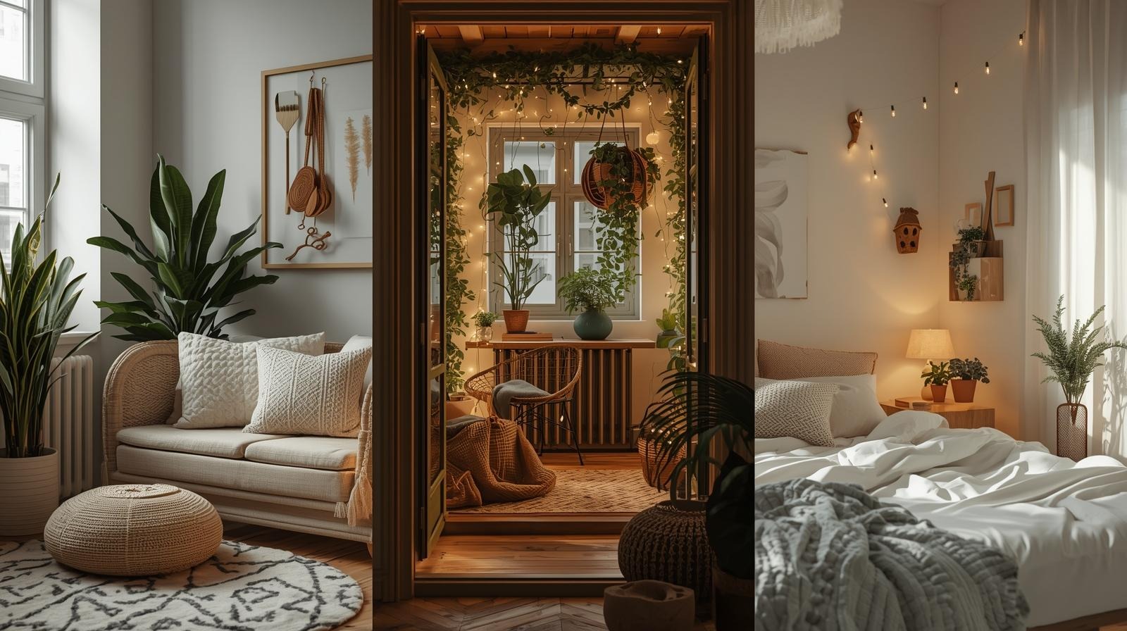 Collection of cozy wellness spaces including indoor, balcony, and spare room retreats.