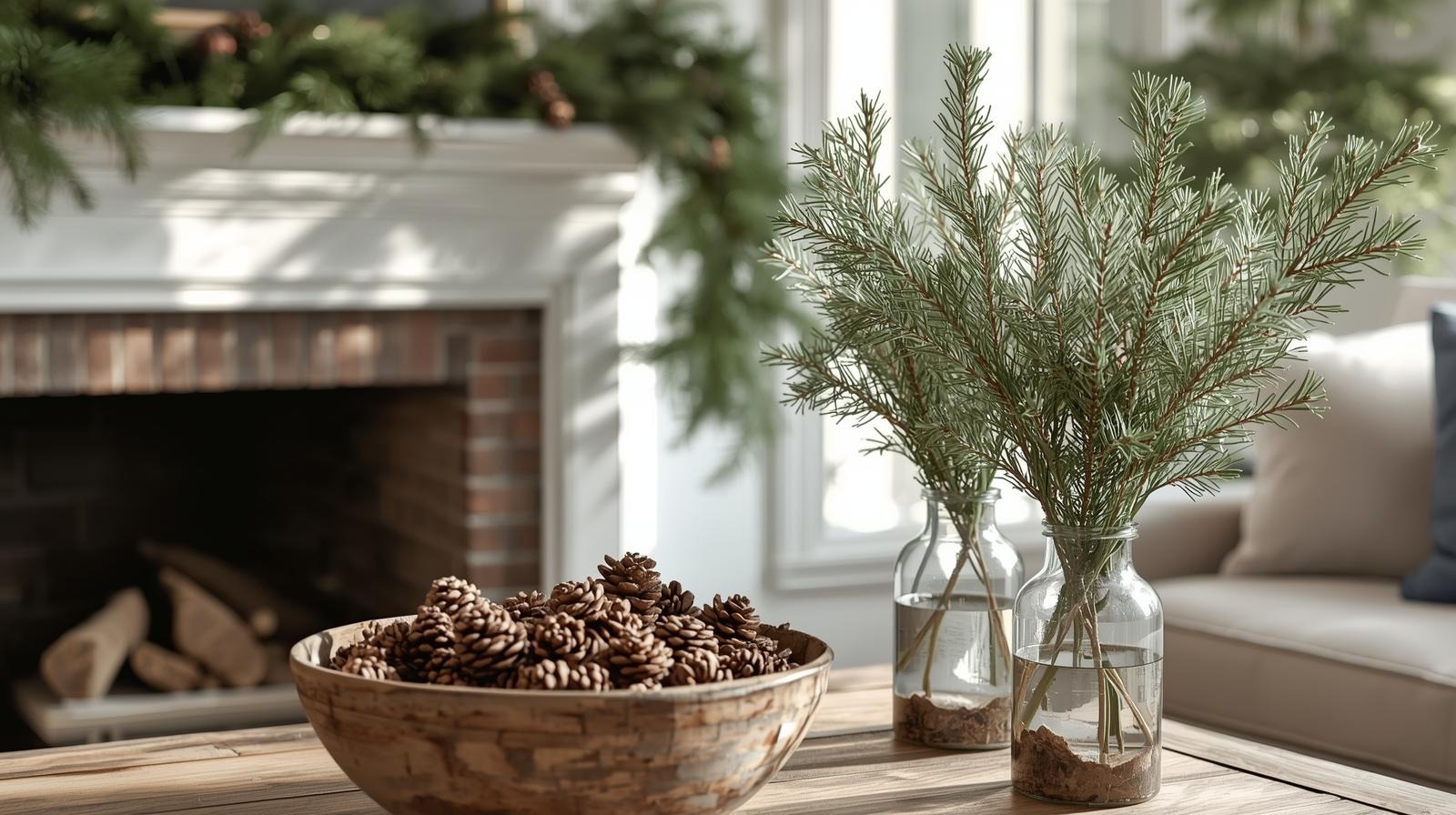 Living room with pine garlands, cedar sprigs, and cozy natural Christmas accents.