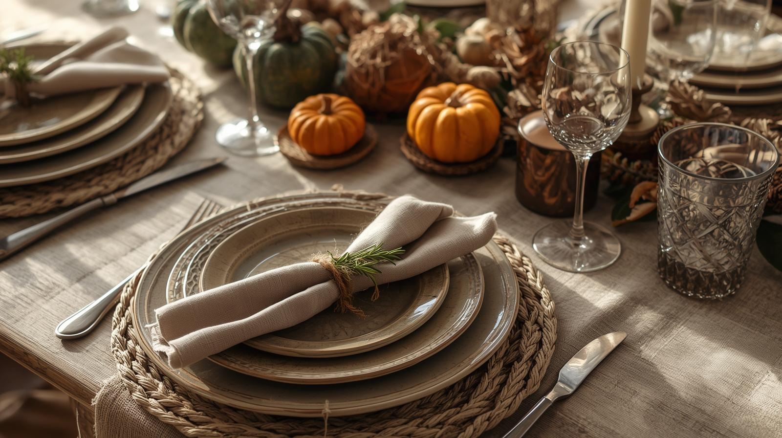 Thanksgiving place setting with stacked plates, woven placemats and linen napkins arranged with love
