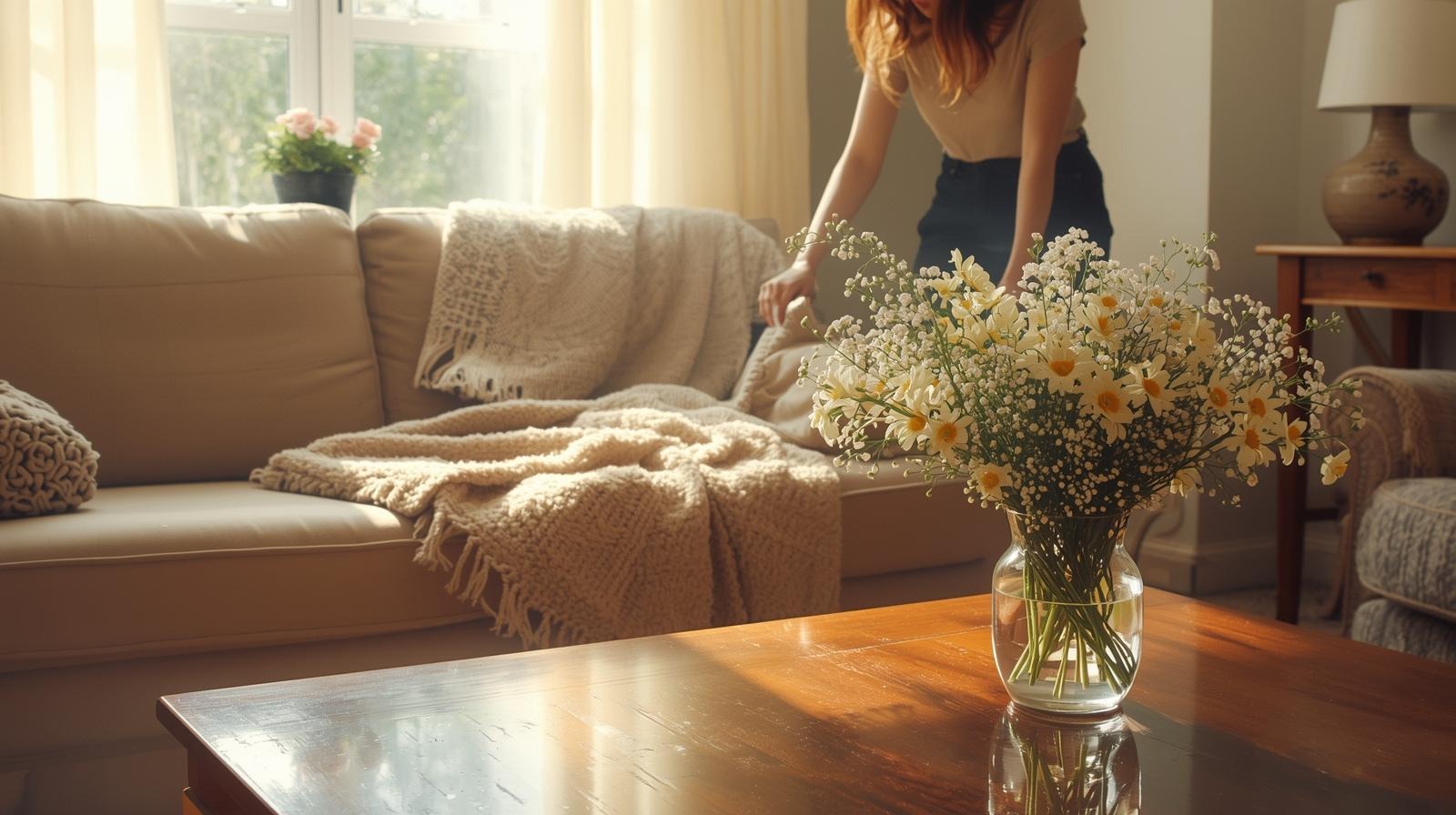 Person doing a light Sunday cleanup in cozy living room.