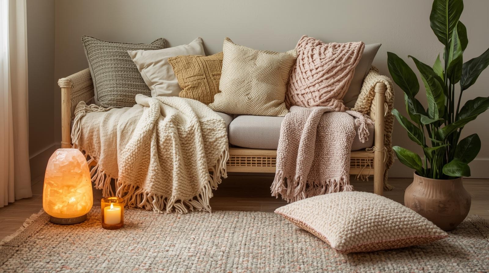 Cozy wellness nook with soft blankets, warm lighting, and calming natural textures.