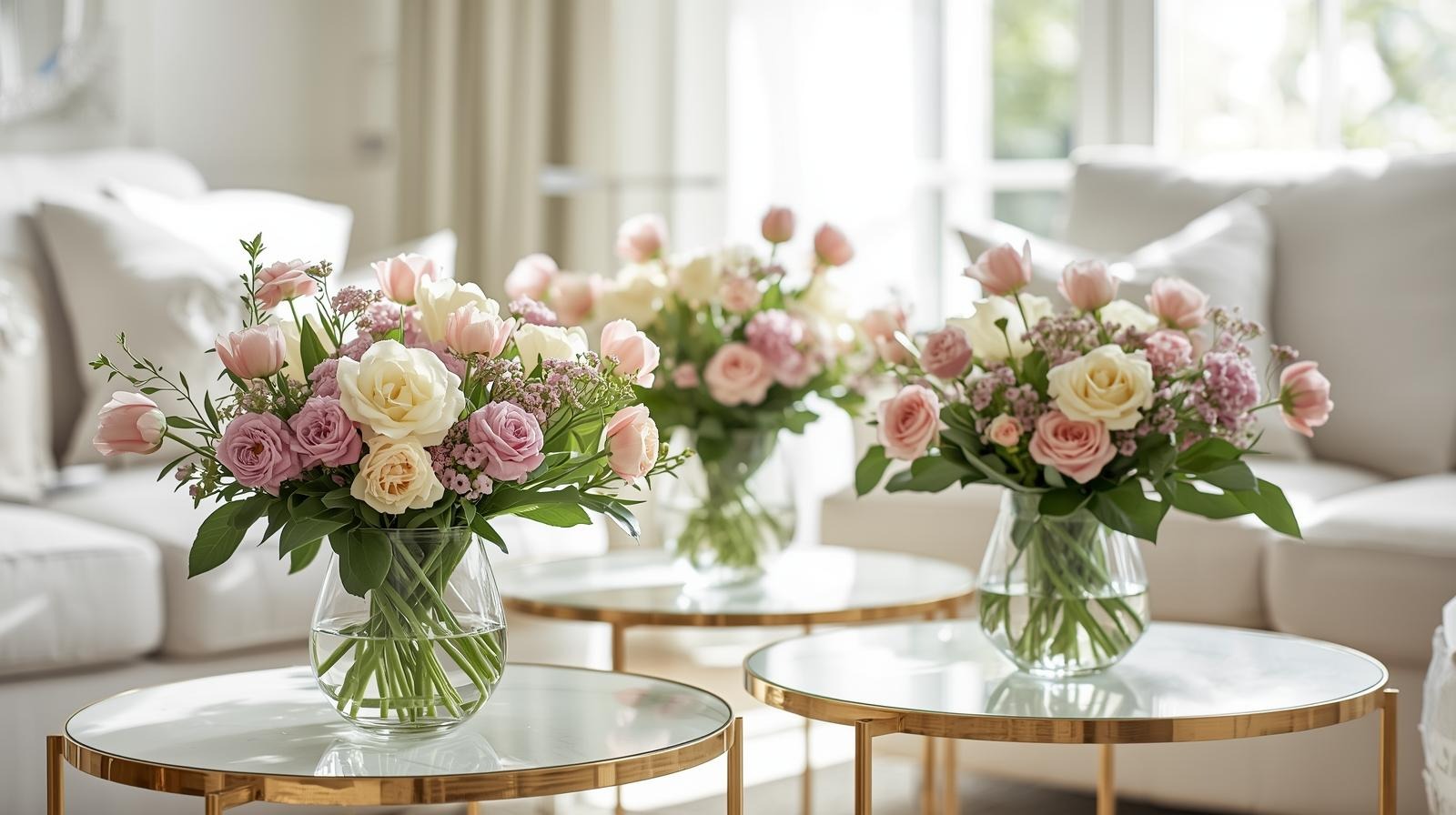 Soft pastel flowers in small vases arranged for Valentine’s décor.