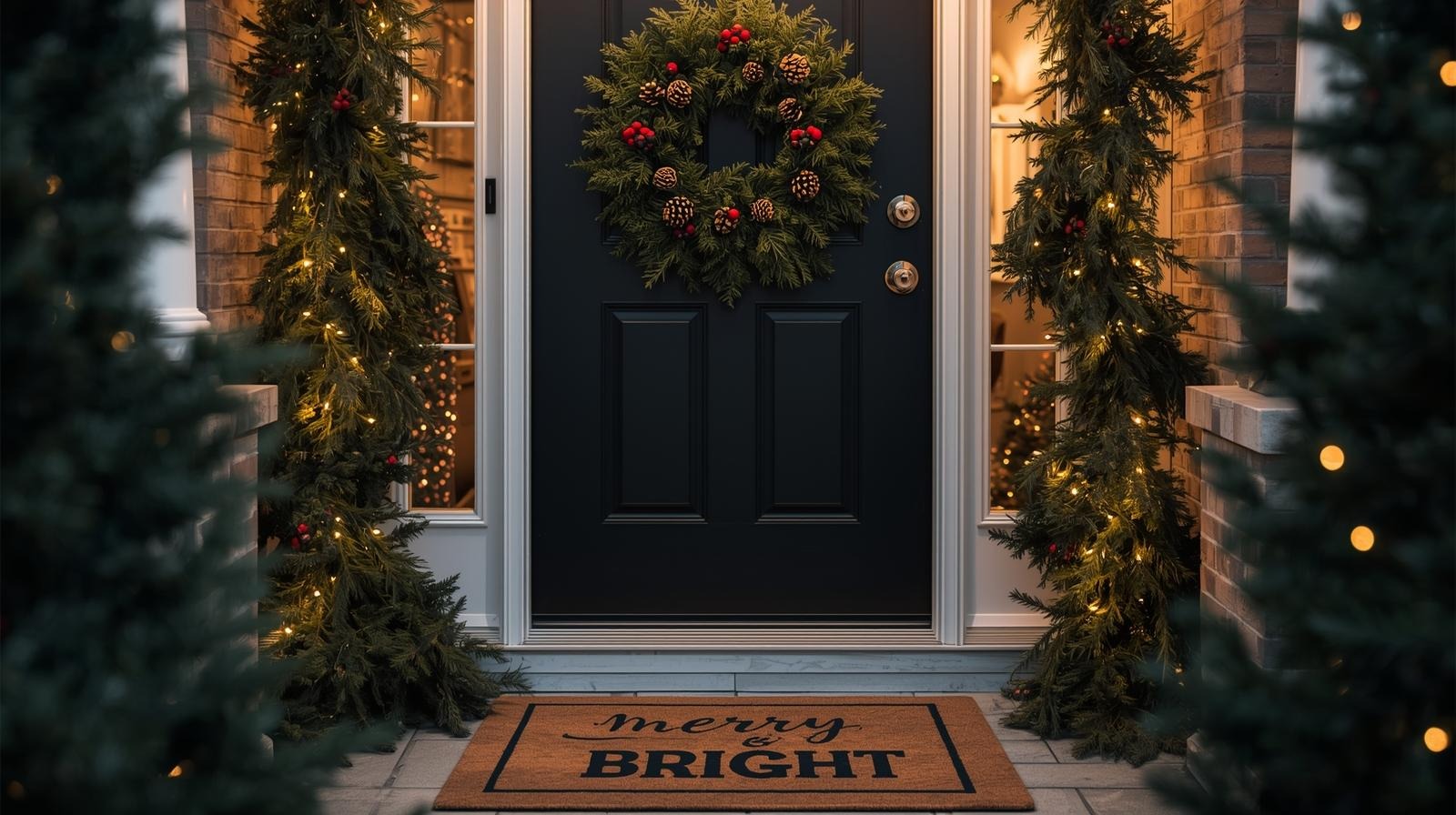 Front door with Christmas wreath, garland, and festive layered doormat.