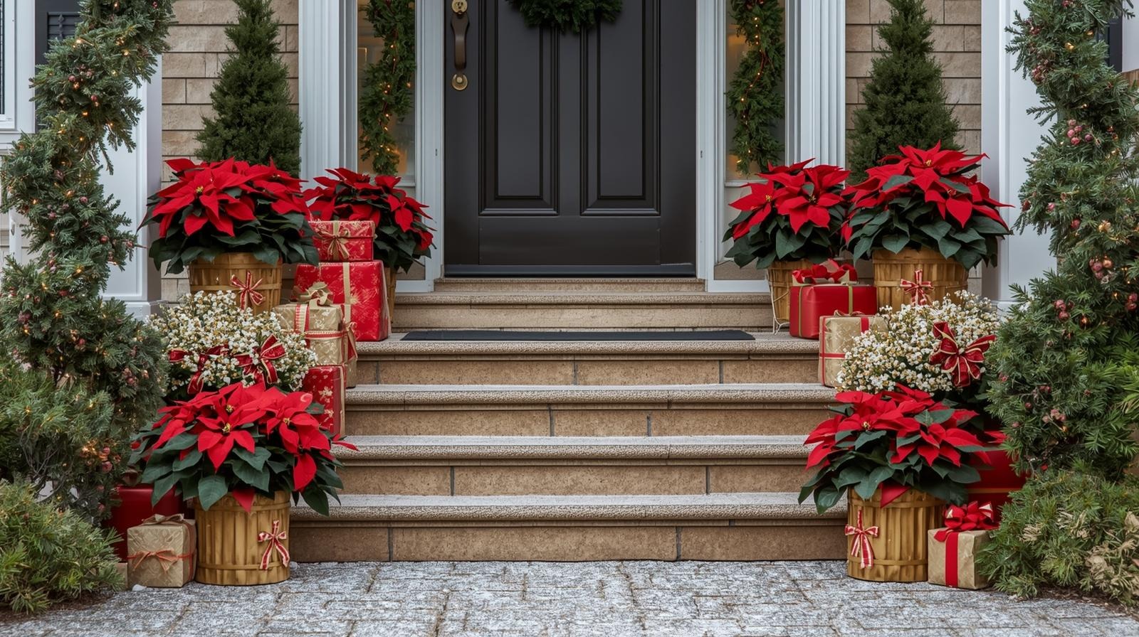 Front porch steps with gift boxes, poinsettias, and fairy lights.