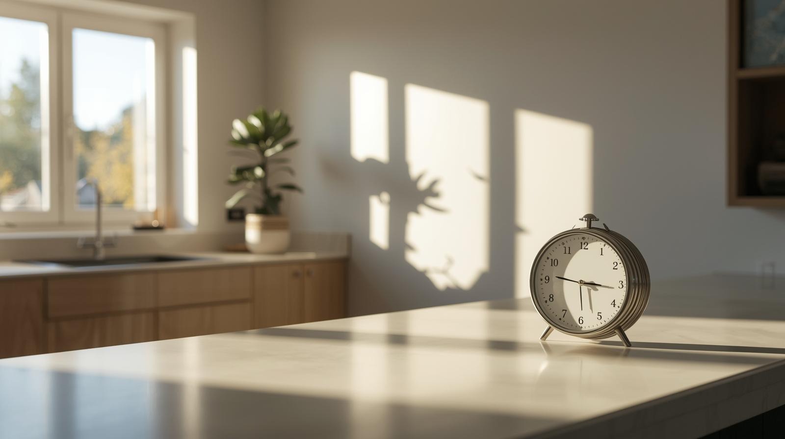 Tidy home scene with visible clock showing timed cleaning session.