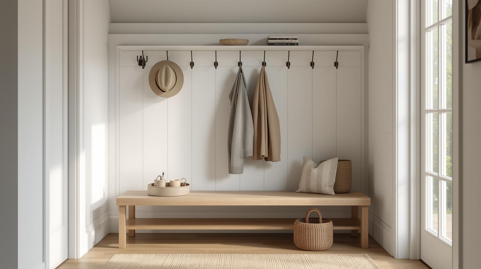 Tidy entryway with hooks, key tray, and basket for mail.