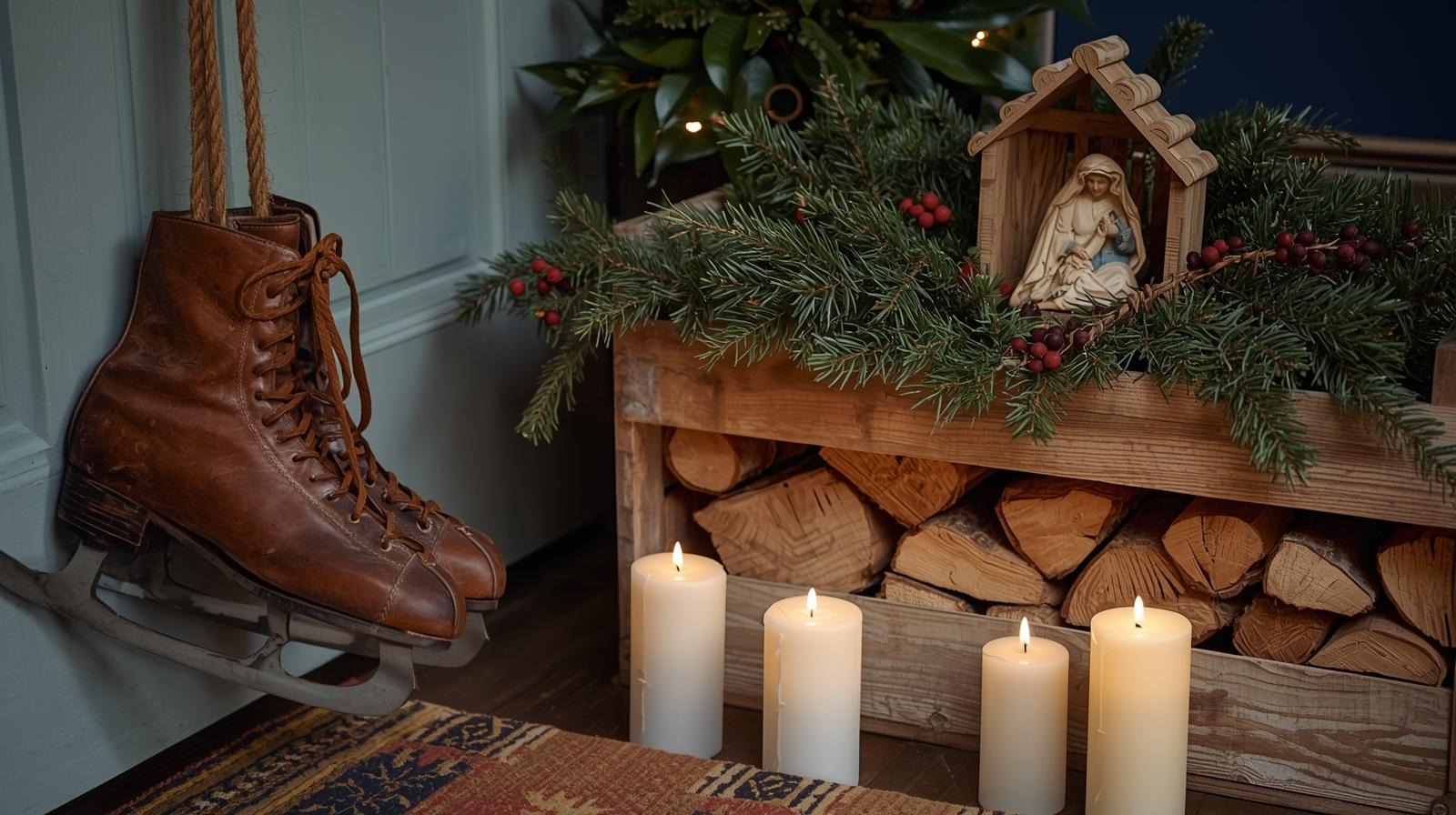 Christmas porch with vintage skates, logs, and nativity under soft candlelight.