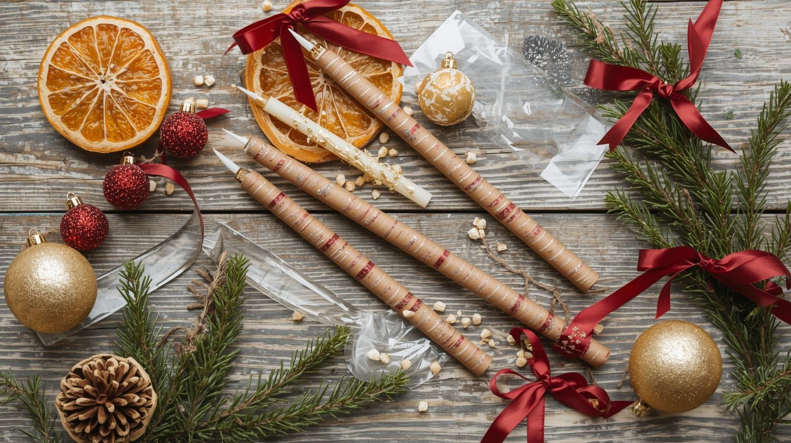 DIY Christmas crafts with oranges, ribbons, and handmade ornaments.