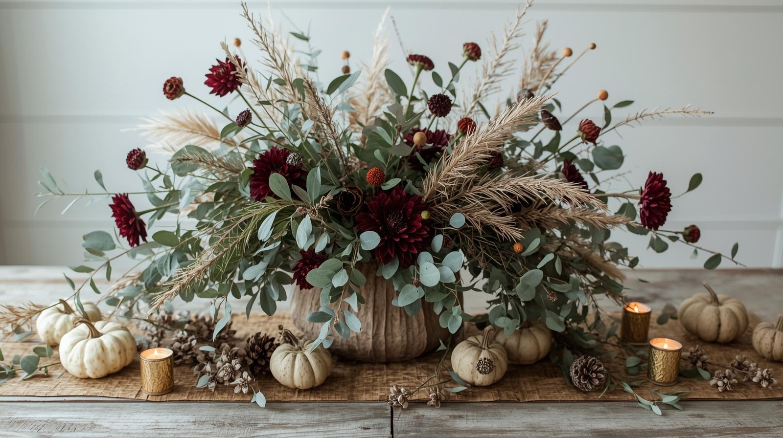 a vase with flowers and candles on a table