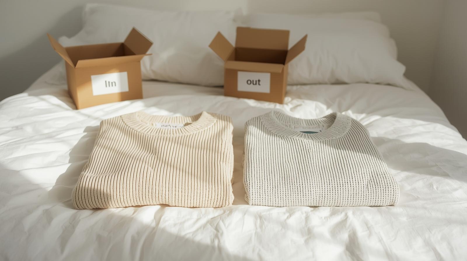 Two folded sweaters on bed showing one in, one out rule.