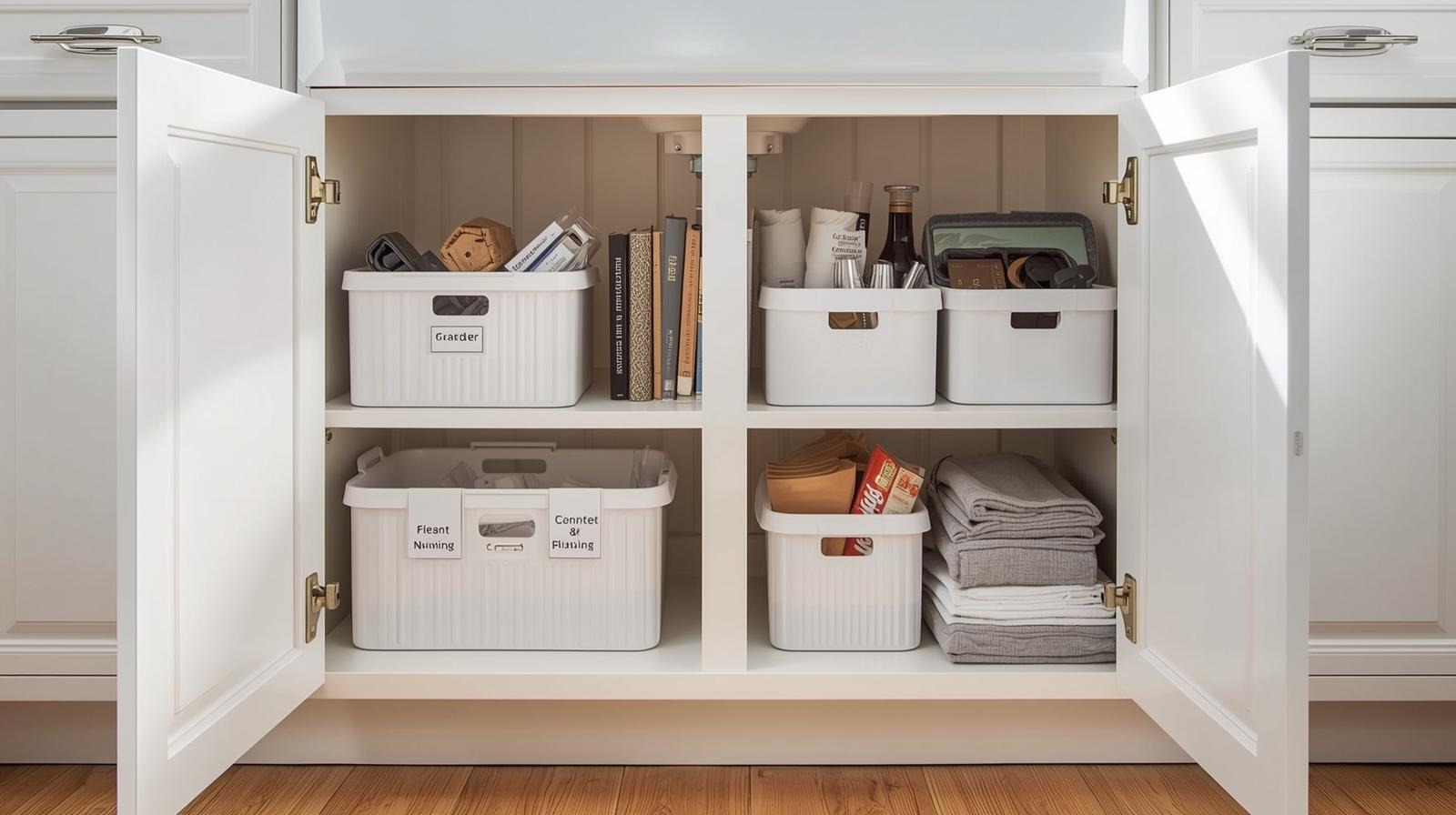 Organized under-sink storage with labeled bins and baskets.