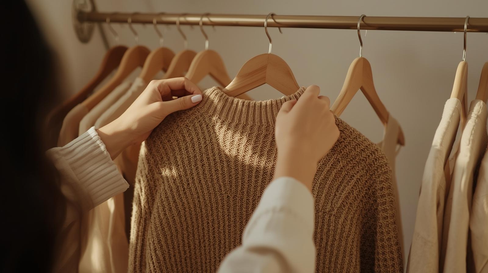 Minimalist closet with person swapping one item for another.