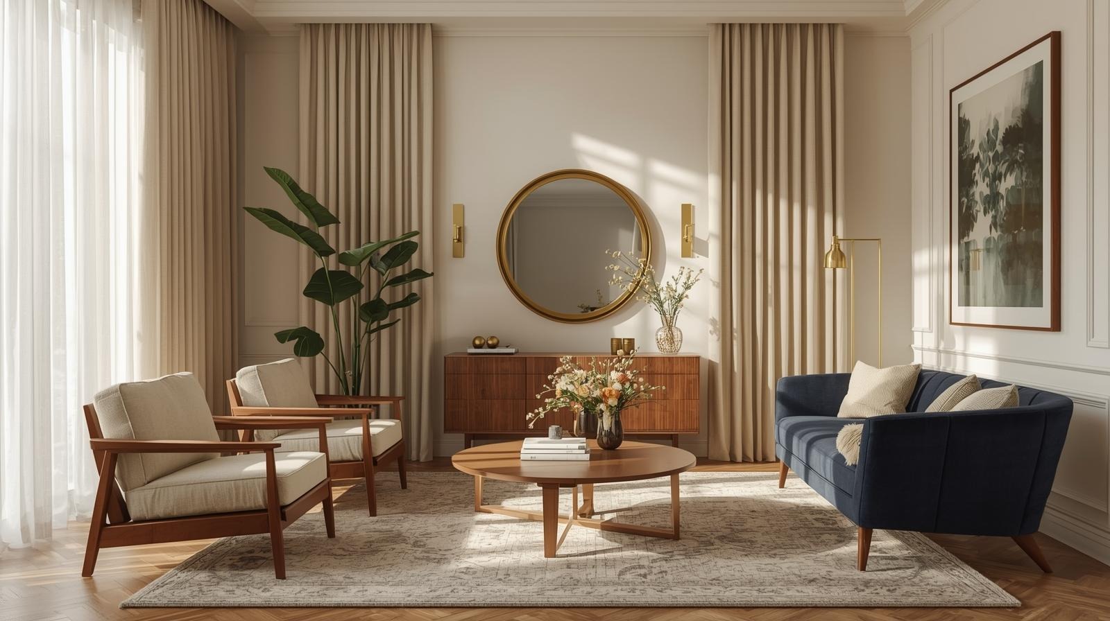 a modern living room with a couch, chairs, and a mirror with a golden touch