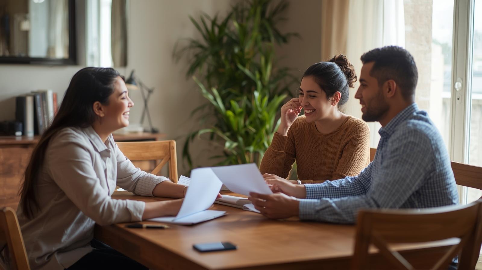 A young couple reviewing documents at a dining table with a Notary
