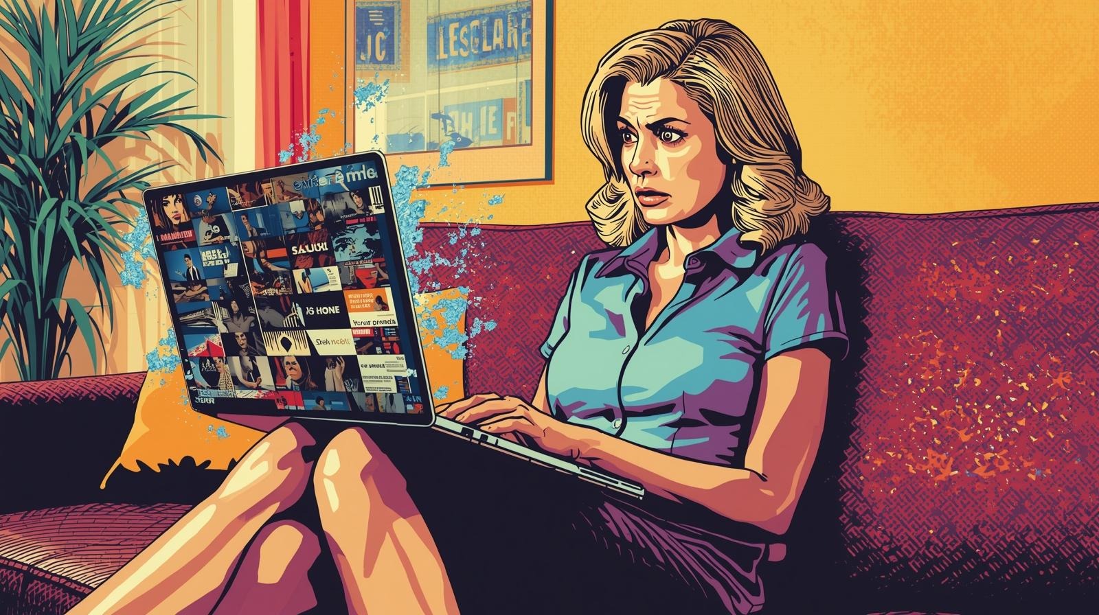 A woman sat on her sofa looking at a laptop